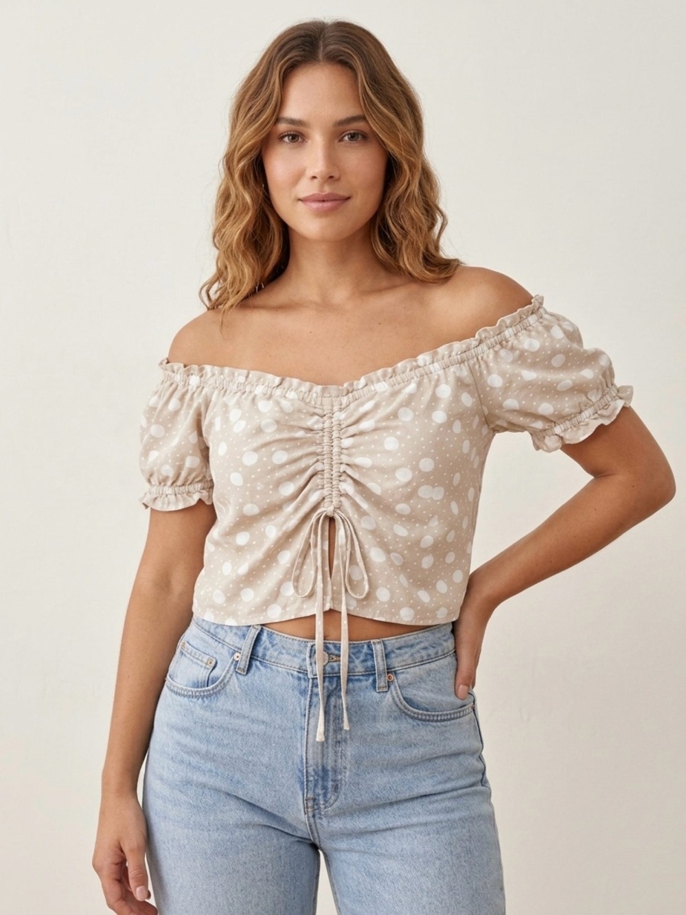 Vero Moda Polka Dot Linen Blend Crop Top Neutral Off the Shoulder Size Medium